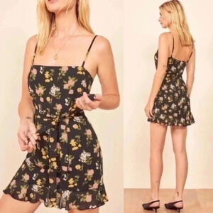Reformation Soleil Mini Dress Black Floral Square Neck Size 10 B400